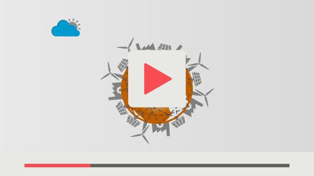 Grafik aus textzeichnerin Erklärvideo Smart Energy mit Seven2one orange Erde mit um diese strahlenförmig angeordnete Icons zur Stromerzeugung links oben graue Sonne mit blauer Wolke davor